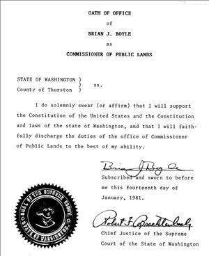 A document that says Oath of Office of Brian Boyle as Commissioner of Public Lands. At the bottom are two signatures and a round stamp. 